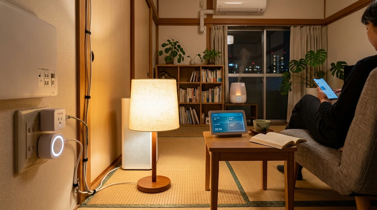 スマートプラグで複数の家電を自動制御するリビングの夕景