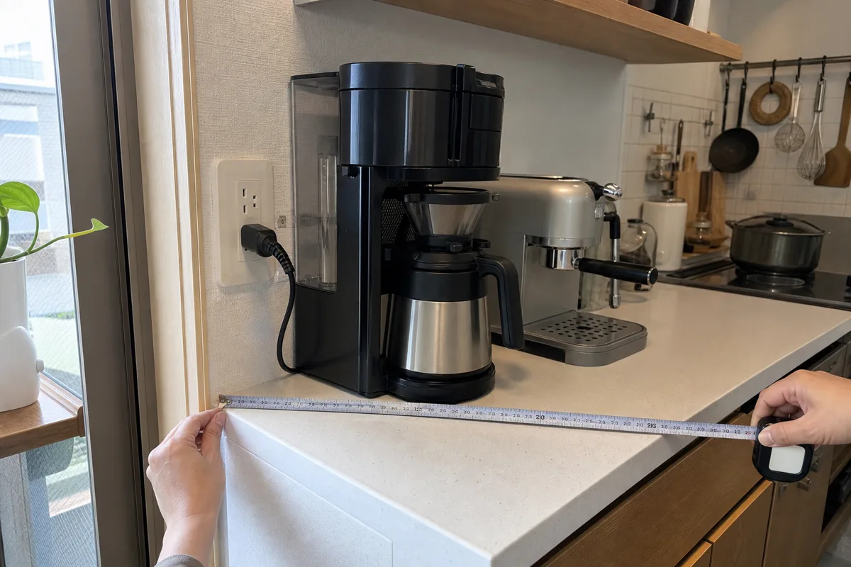 狭いキッチンでコーヒーメーカーの奥行、水タンク、豆容器の開閉スペースを測るイメージ