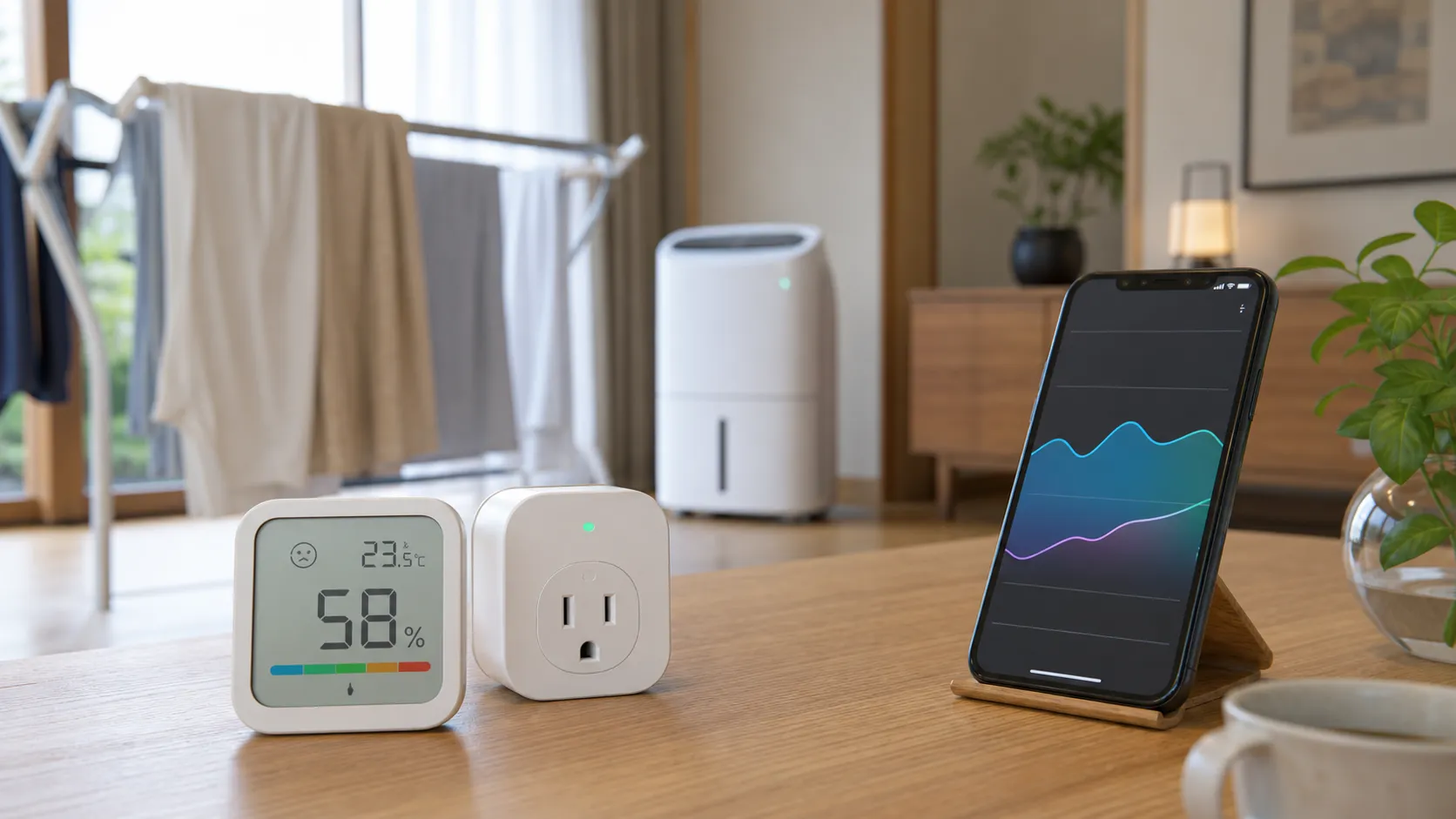 温湿度計とスマートプラグで部屋干し環境を見える化するイメージ