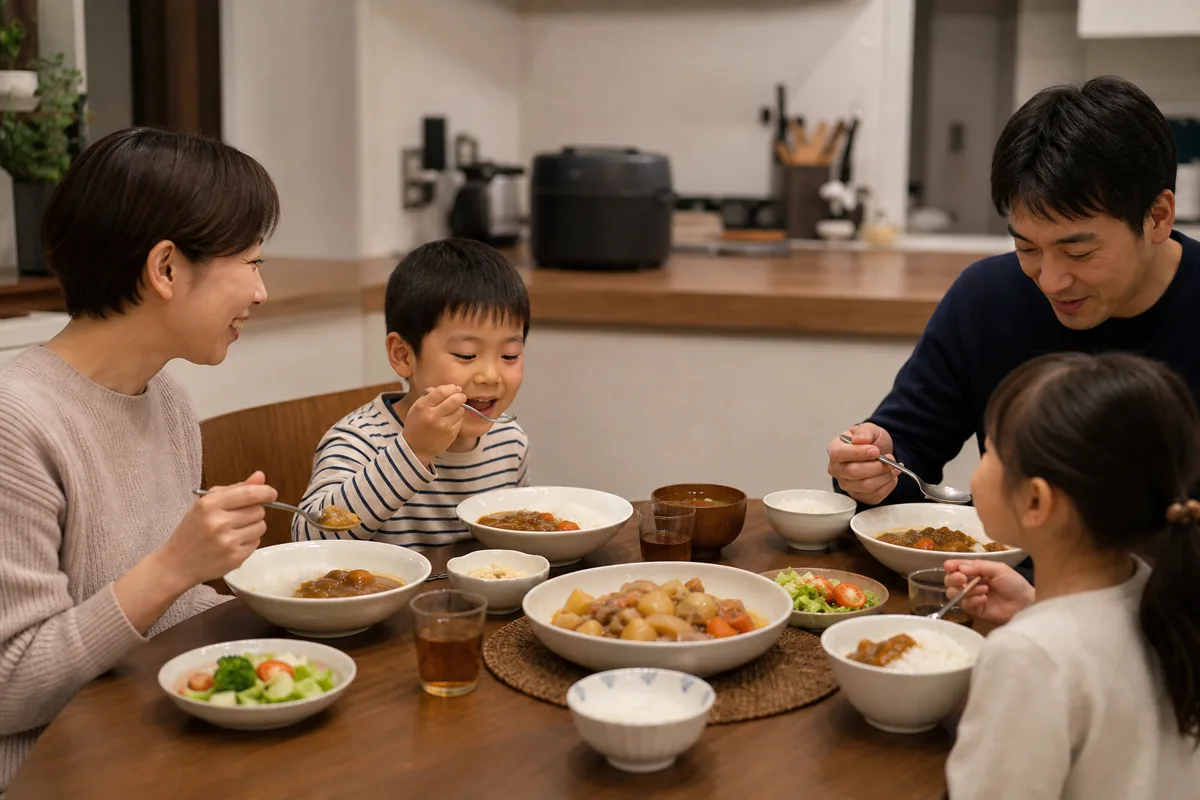 家族の夕食テーブルと自動調理家電のあるキッチンイメージ