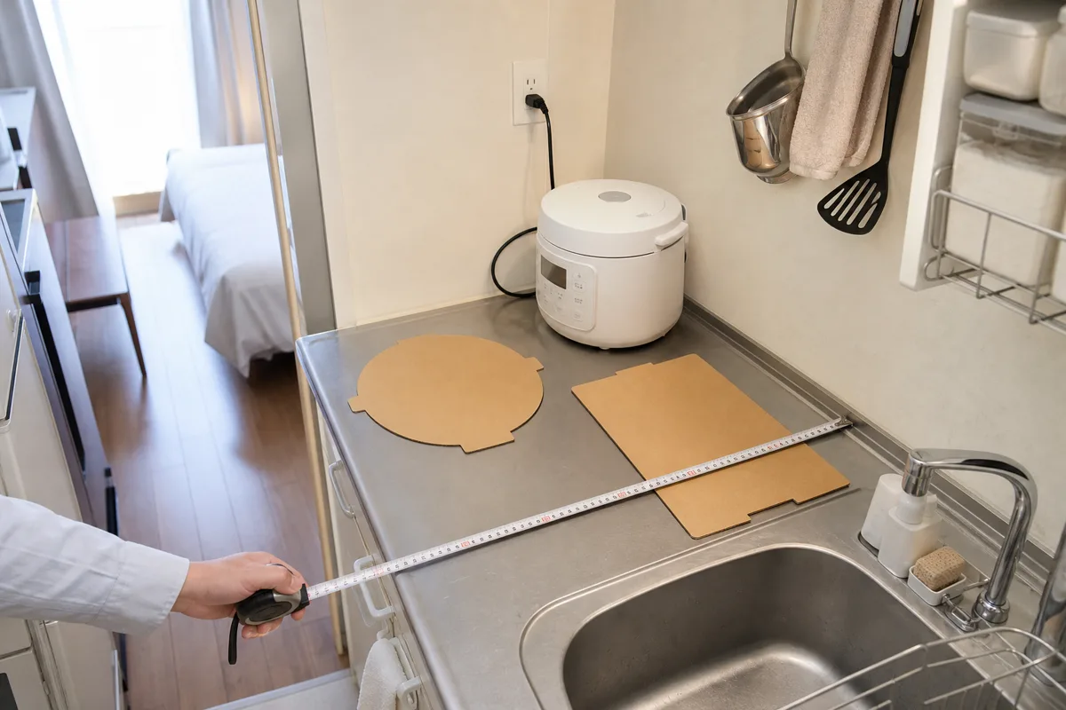 狭い賃貸キッチンで調理家電の設置面を測るイメージ