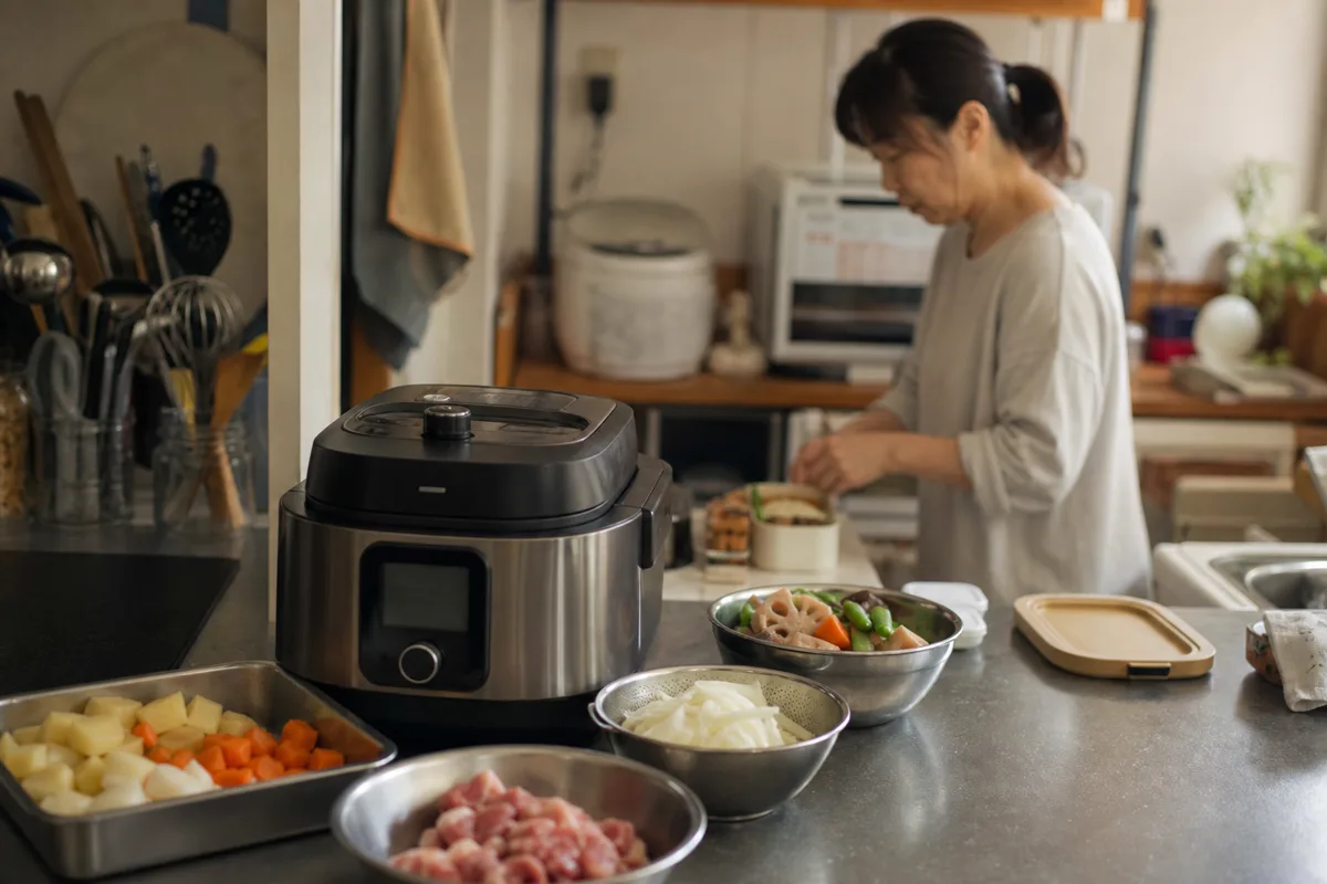夕方の台所で材料を準備して自動調理鍋に入れるイメージ