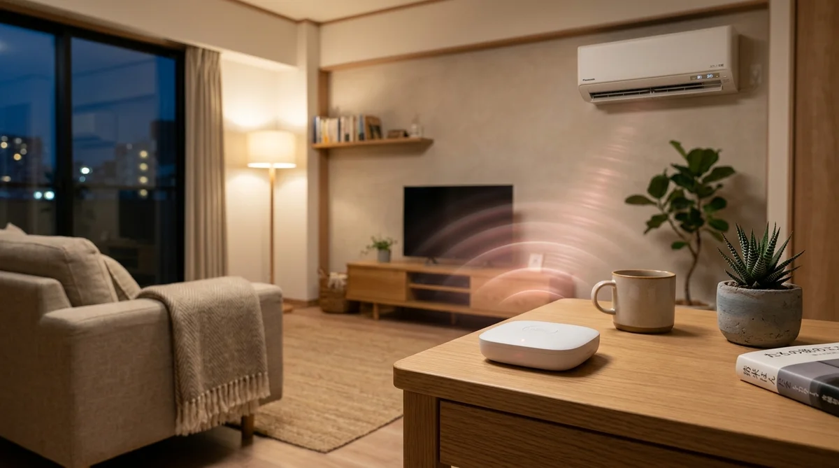 Nature Remoスマートリモコンがリビングのサイドテーブルに置かれた様子