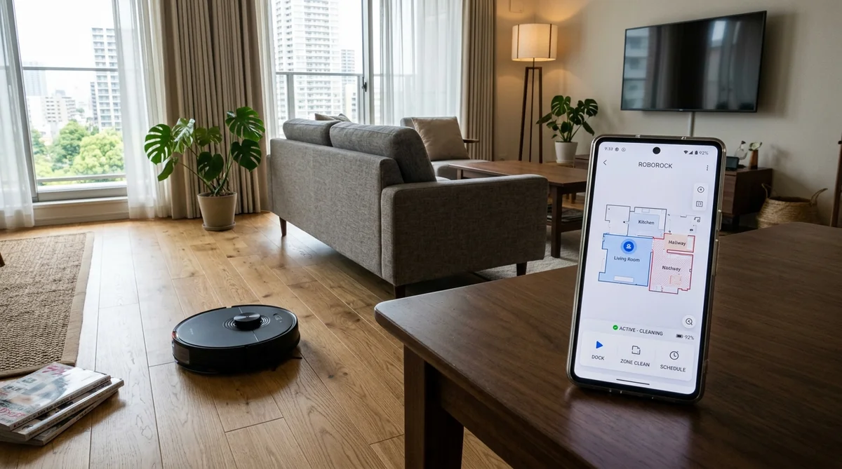 ロボット掃除機とスマートホームアプリの操作画面を表示したスマートフォン