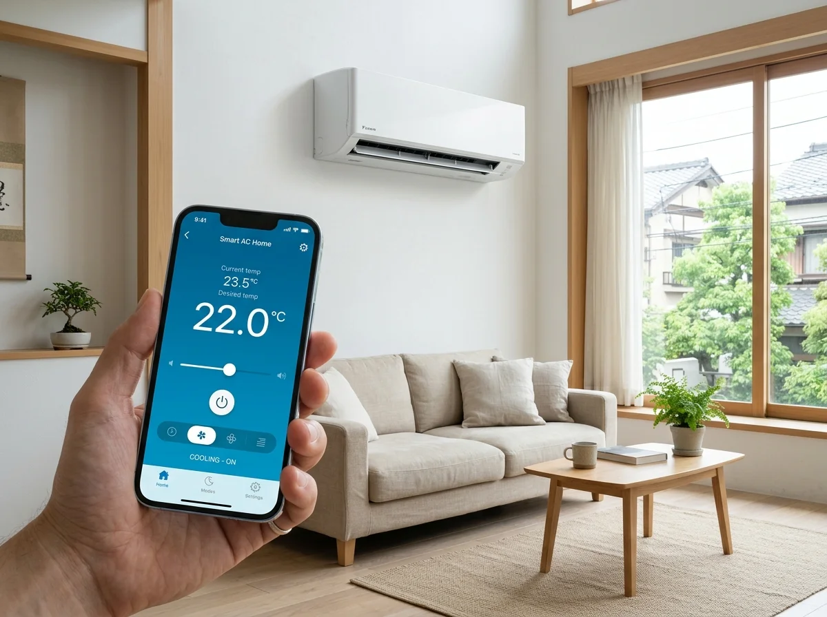 スマートフォンでエアコンを操作するスマートホームのリビング