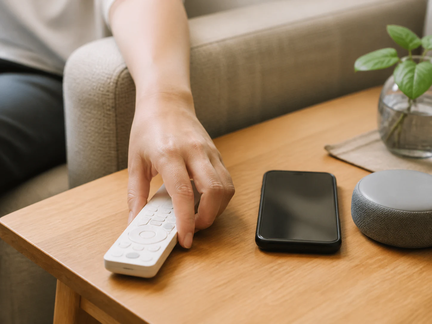 本体のリモコンとスマートフォンを家族が使い分ける場面