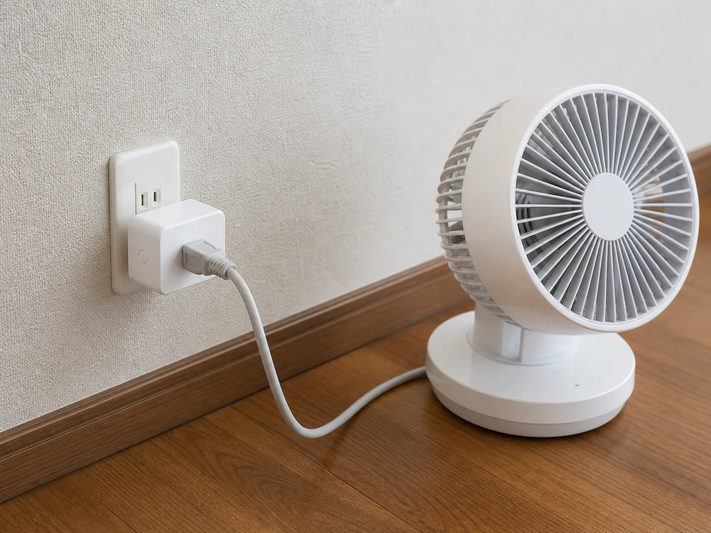スマートプラグを扇風機の電源に接続する場面