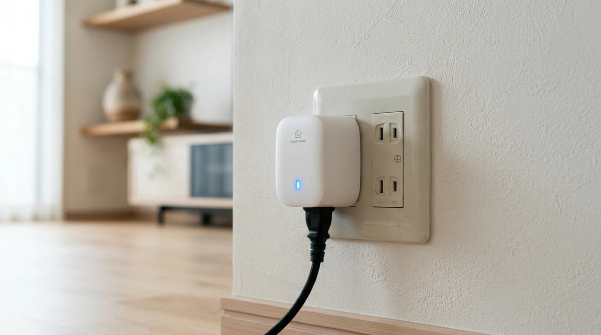 白いスマートプラグを日本の壁コンセントに差し込んだ様子。青いLEDインジケーターが点灯