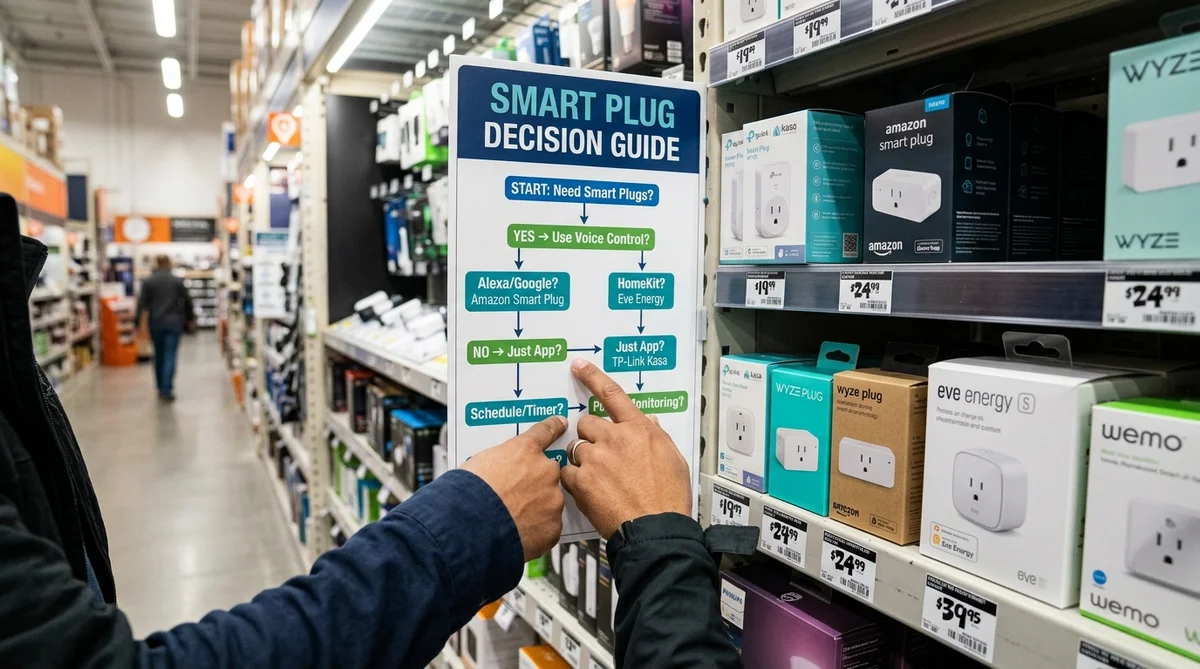 店頭でスマートプラグの選択肢を指差し比較する手元