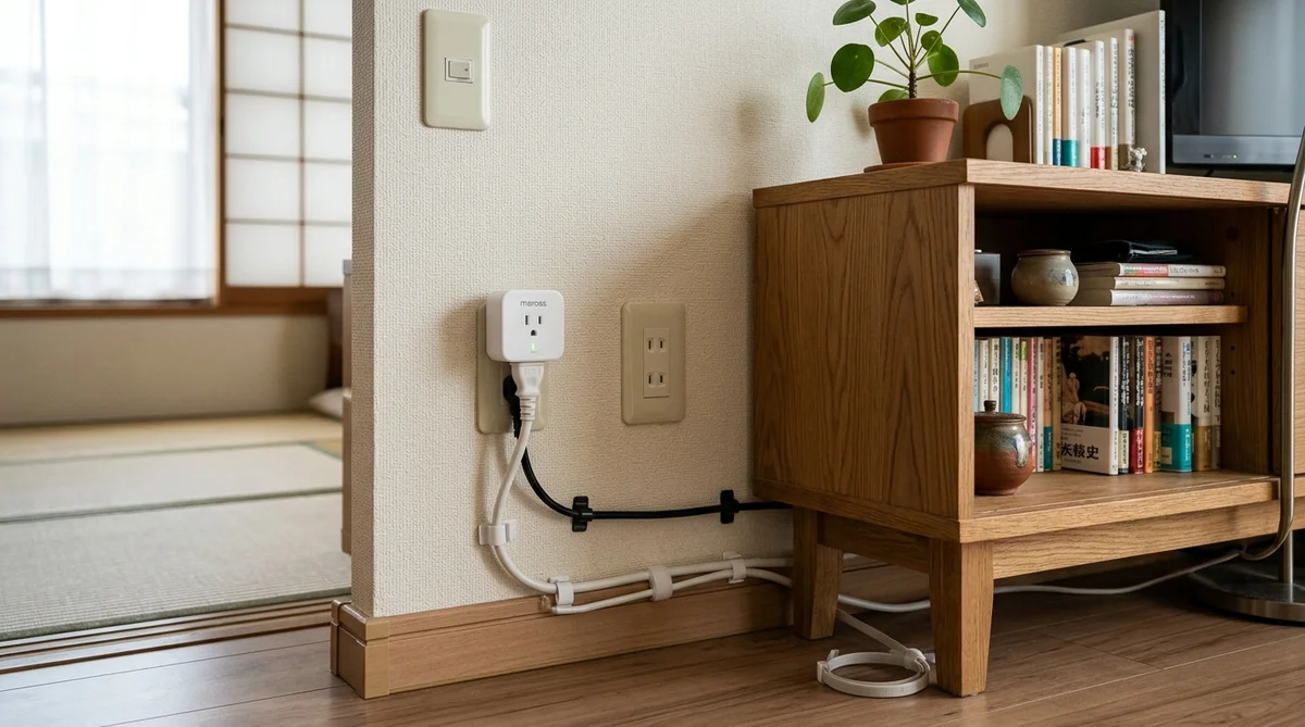 家具の裏で適切な換気スペースを確保して設置されたスマートプラグ