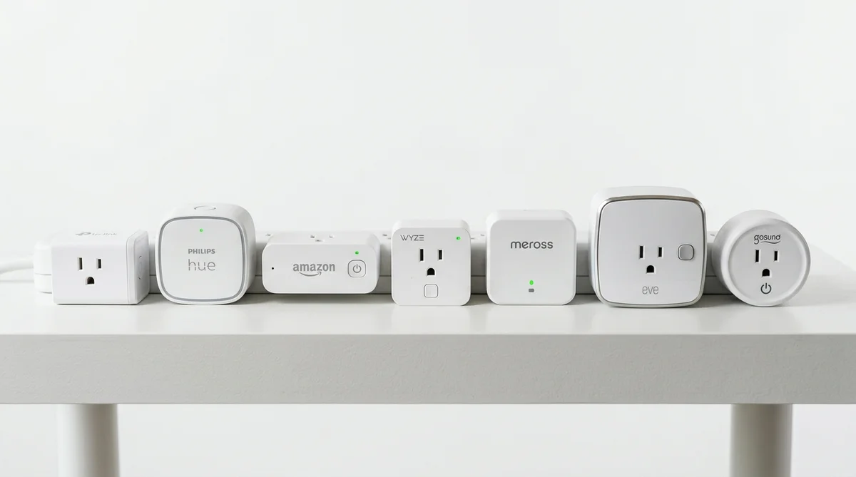 複数ブランドのスマートプラグを比較するためにテーブルに並べた様子