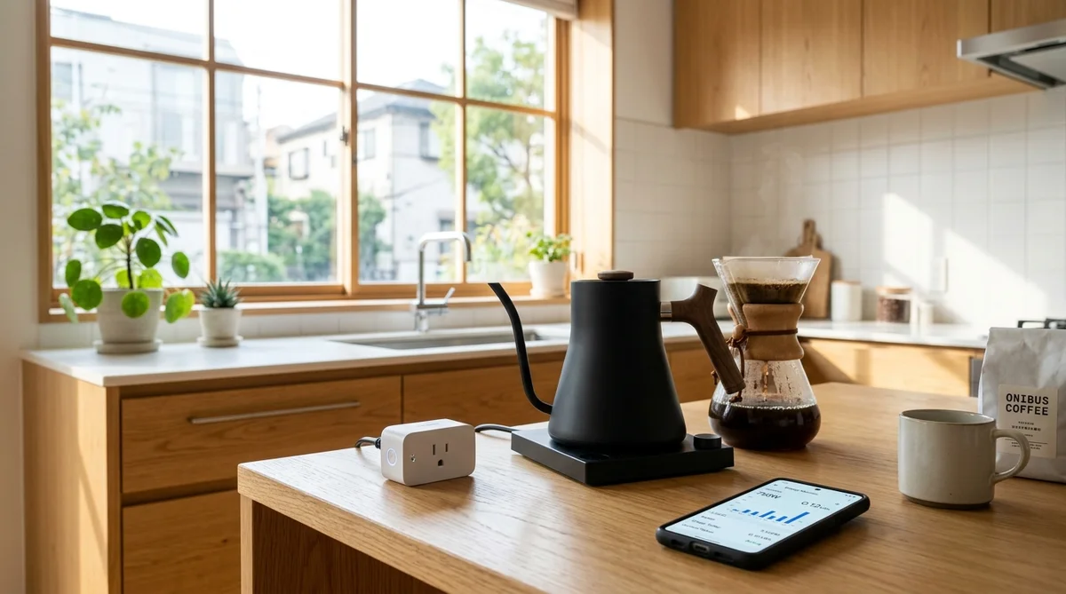 キッチンのコーヒーメーカーに接続されたスマートプラグとスマホの消費電力モニタリングアプリ
