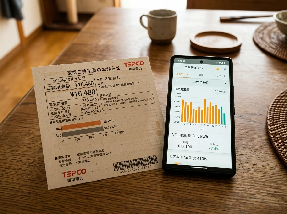 電気代のグラフとスマートフォン