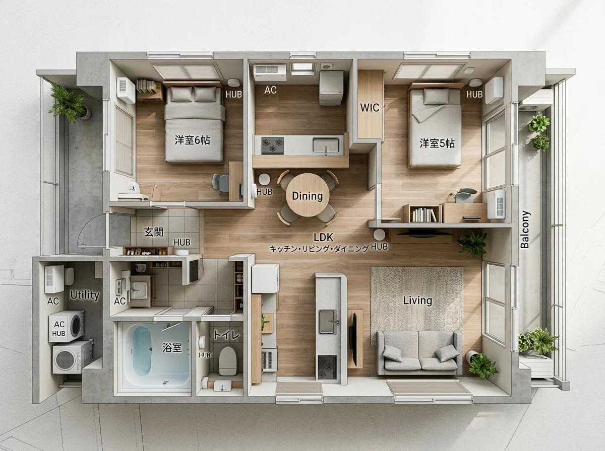 複数部屋のエアコンをまとめて管理する画面