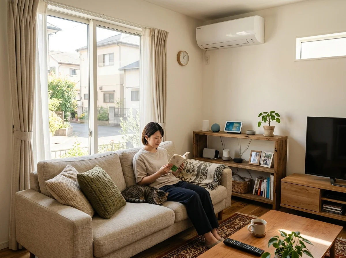 SwitchBotでスマート化されたエアコンのあるリビング