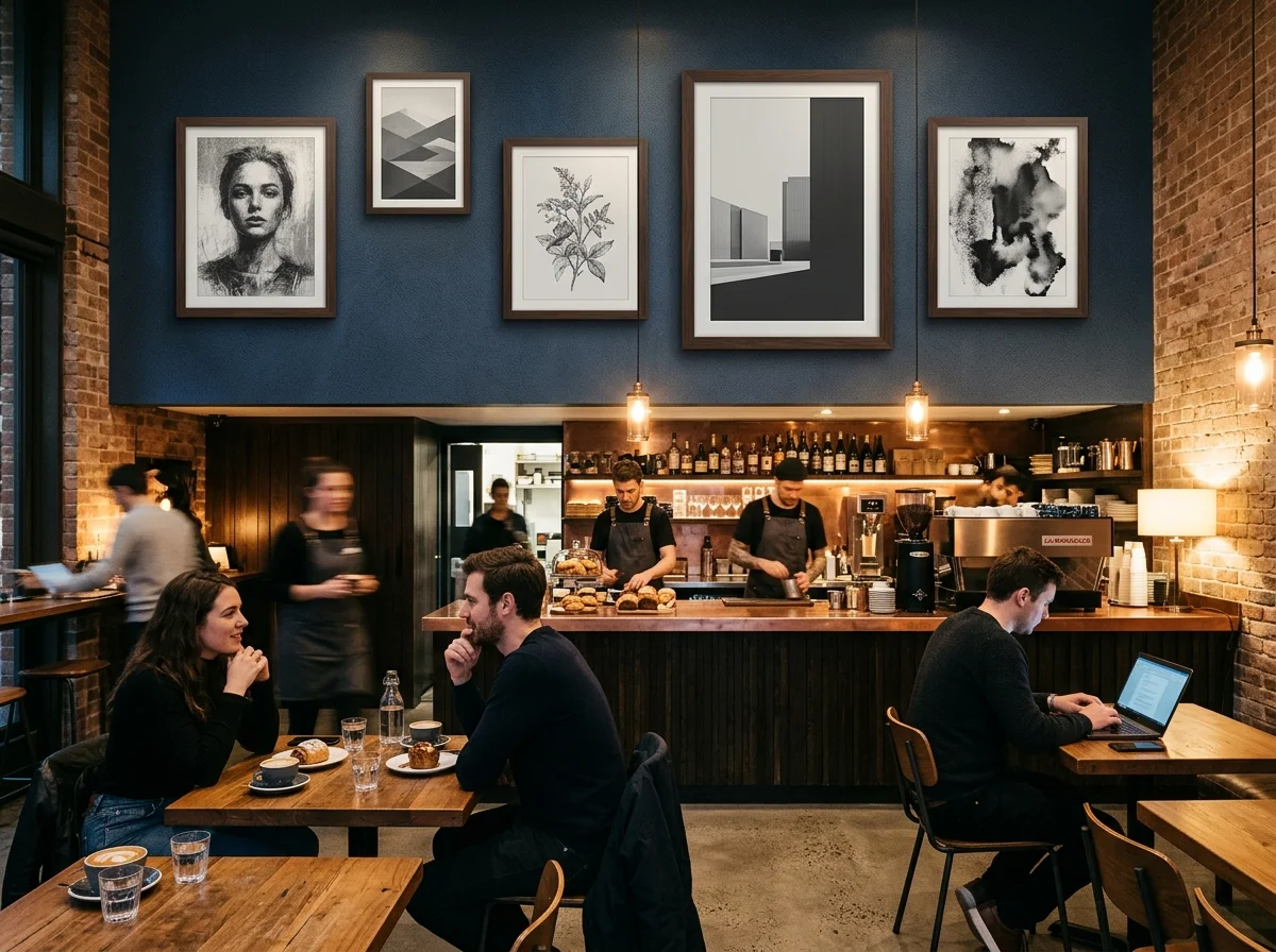 カフェに設置された複数のアートフレーム