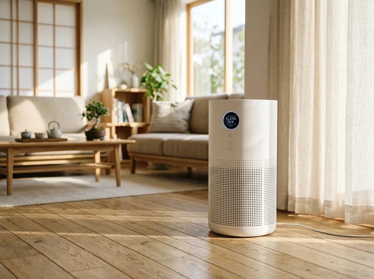 SwitchBot空気清浄機が明るいリビングに設置された様子
