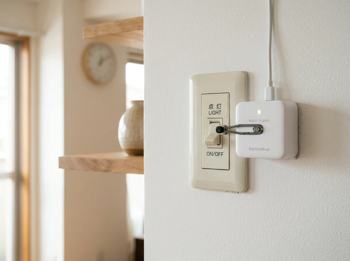 SwitchBotボットが壁スイッチの横に設置された様子
