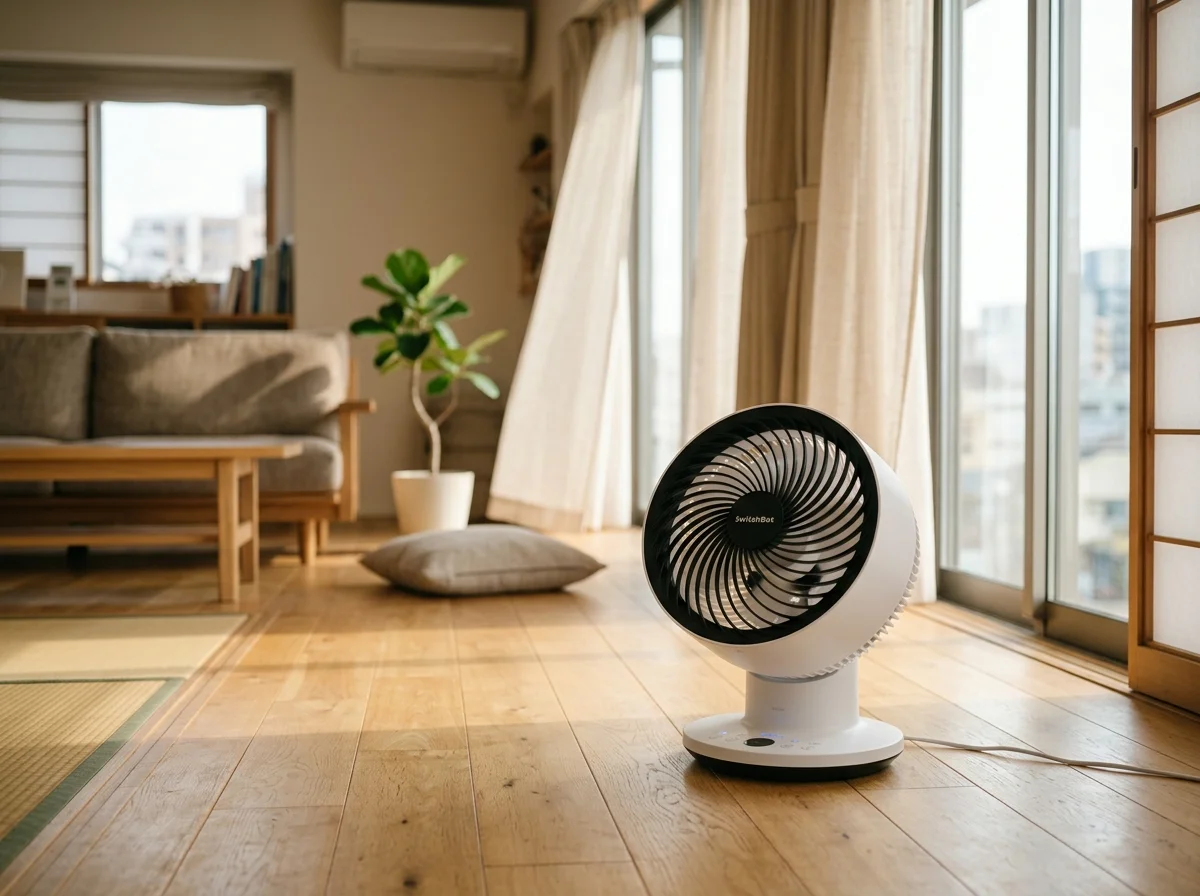 SwitchBotスマートサーキュレーターが明るいリビングに置かれた様子