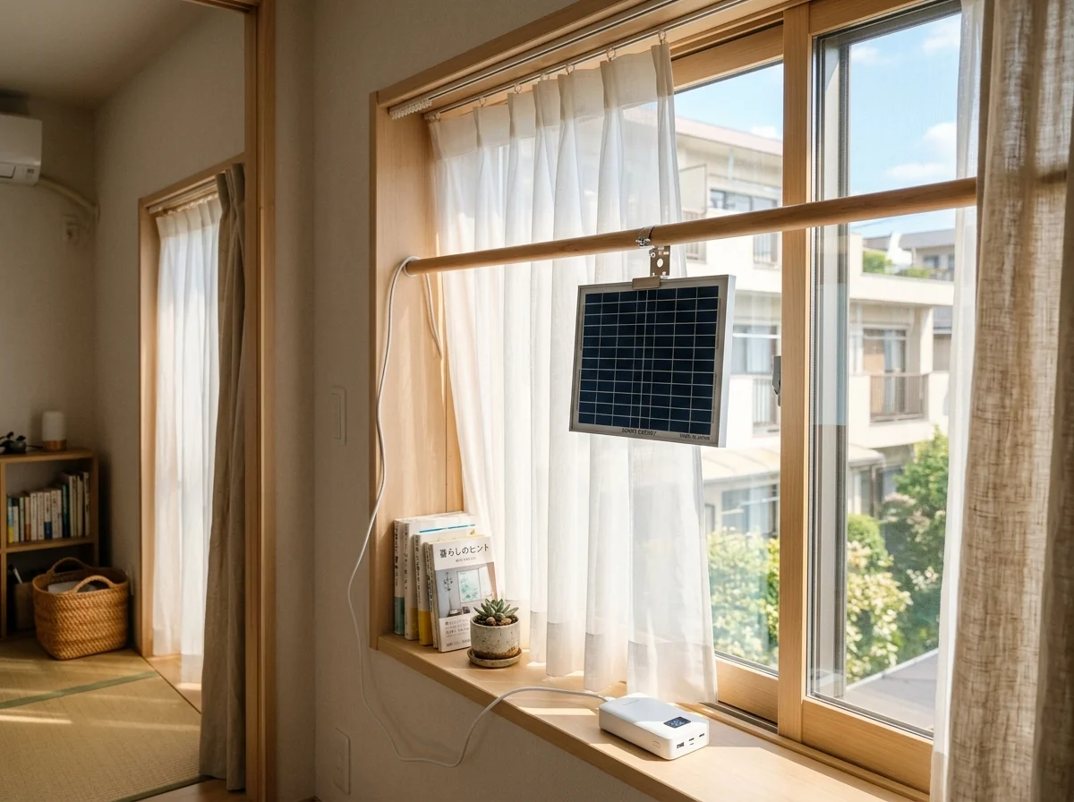 窓に設置されたSwitchBotカーテン用ソーラーパネル