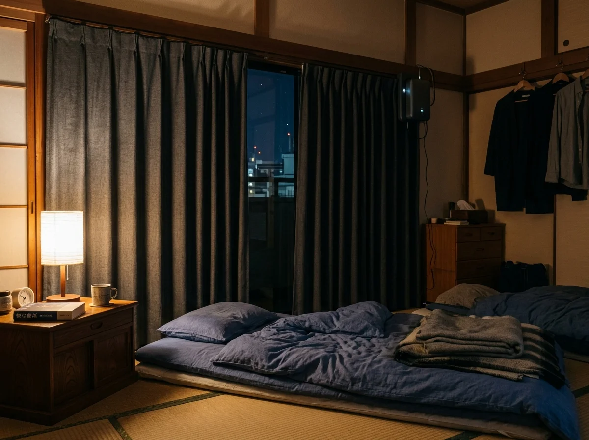 遮光カーテンのある寝室