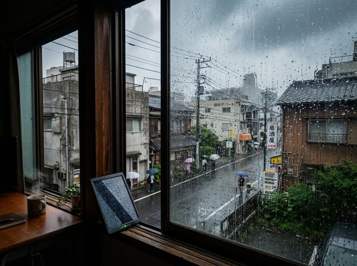 雨の日の窓とソーラーパネル