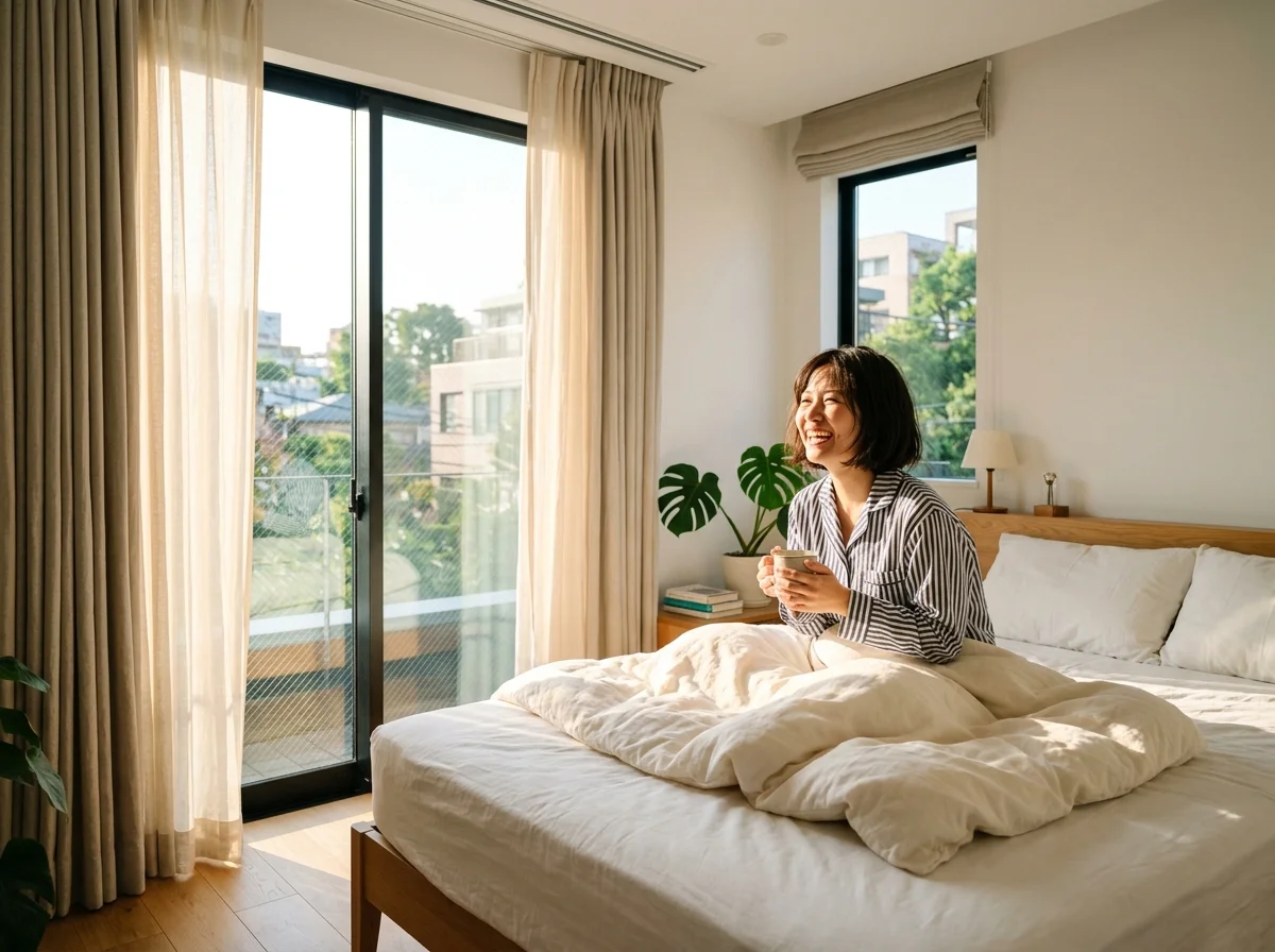 朝日で自動的に開くカーテン