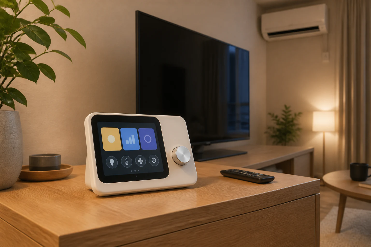 テレビ台で画面とダイヤルを使うスマートホームハブ