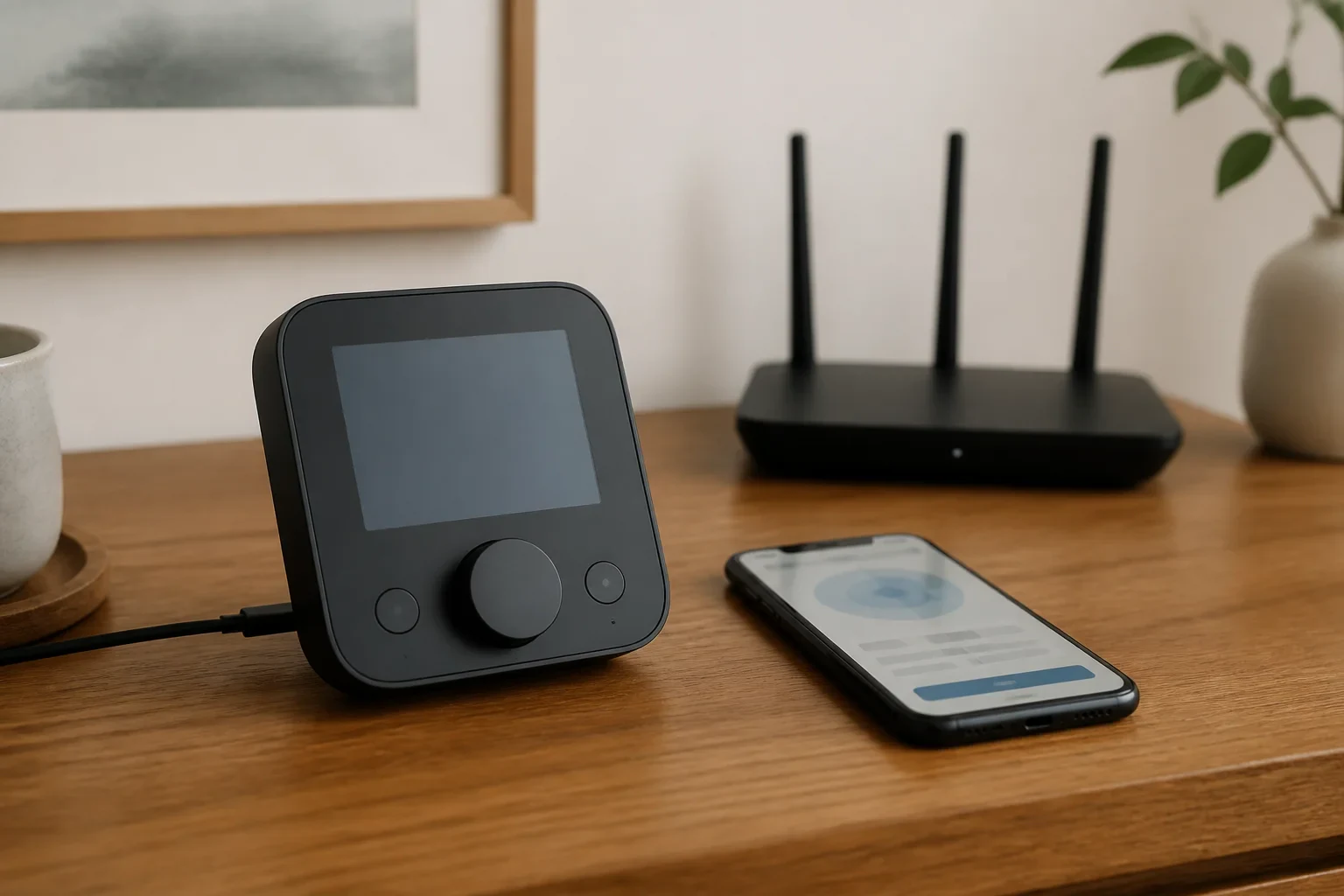 スマートフォンとルーター、SwitchBot Hub 3を並べて初期設定を確認する場面
