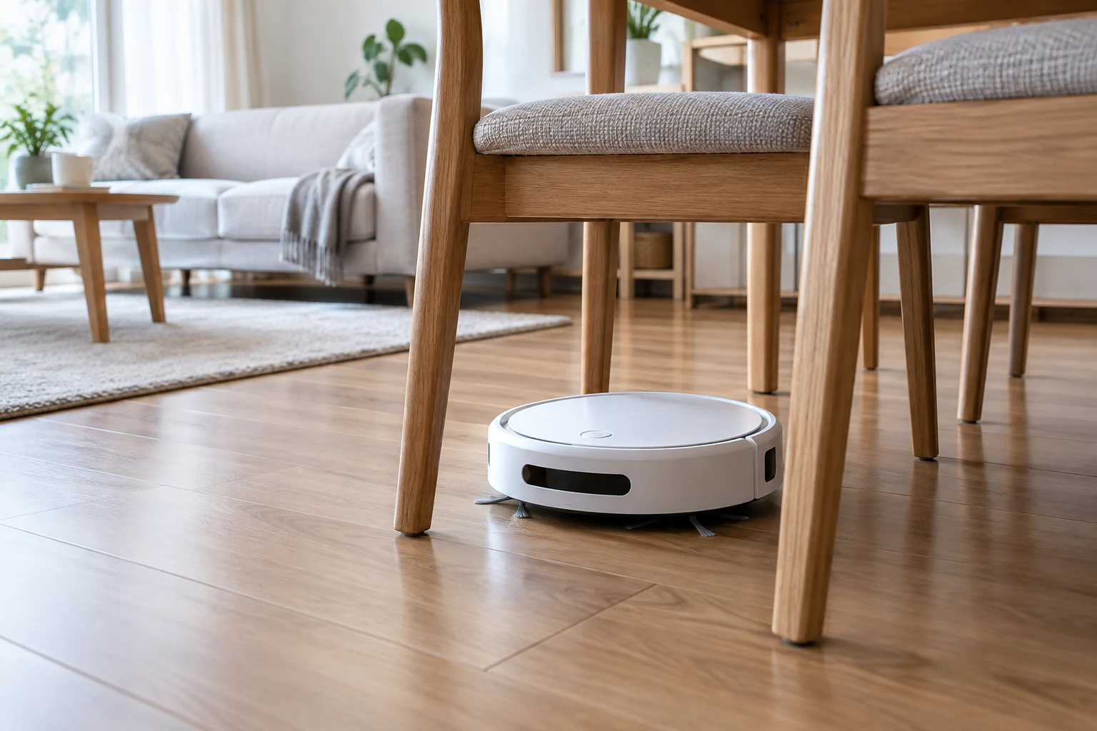 小型ロボット掃除機がダイニングテーブルの脚の間を走るリビング