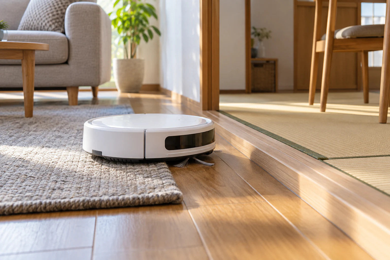 家具の間と段差を測るロボット掃除機の設置イメージ