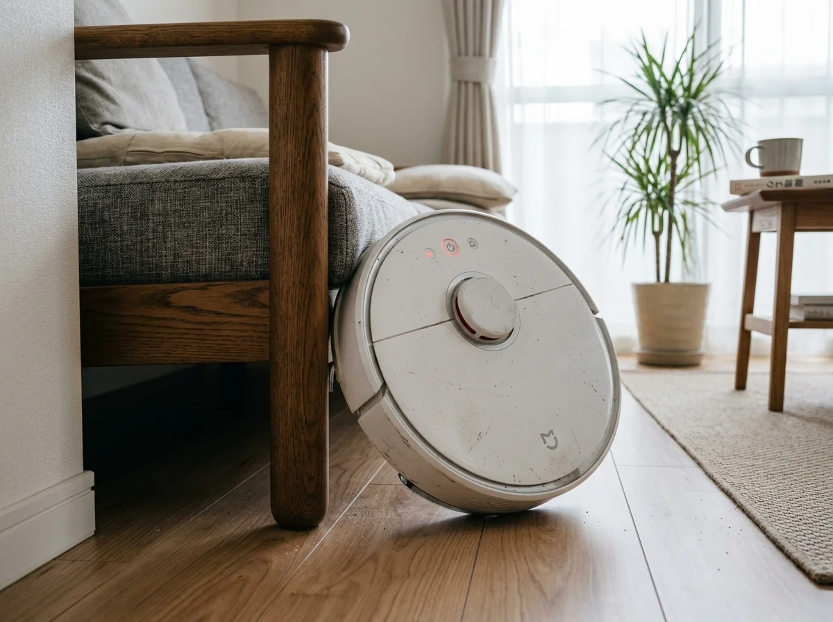 ソファ脚付近のロボット掃除機