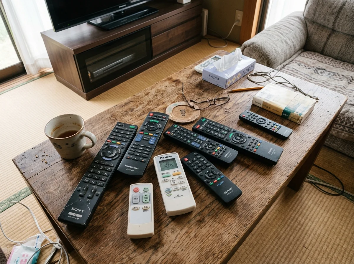 テーブルに散らばる複数のリモコン