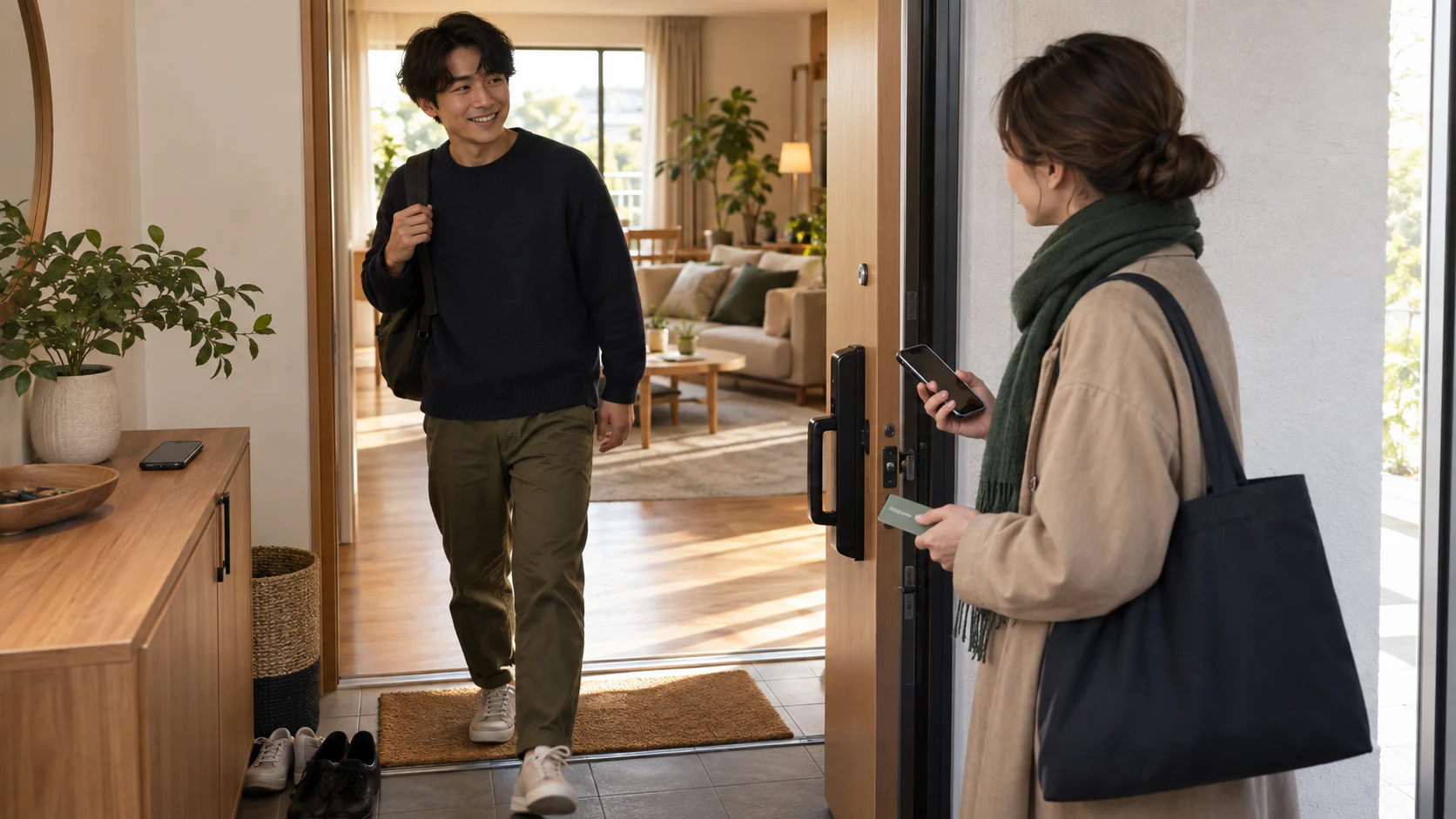 日本の家の玄関で居住者と一時的な来訪者のアクセスを分ける場面