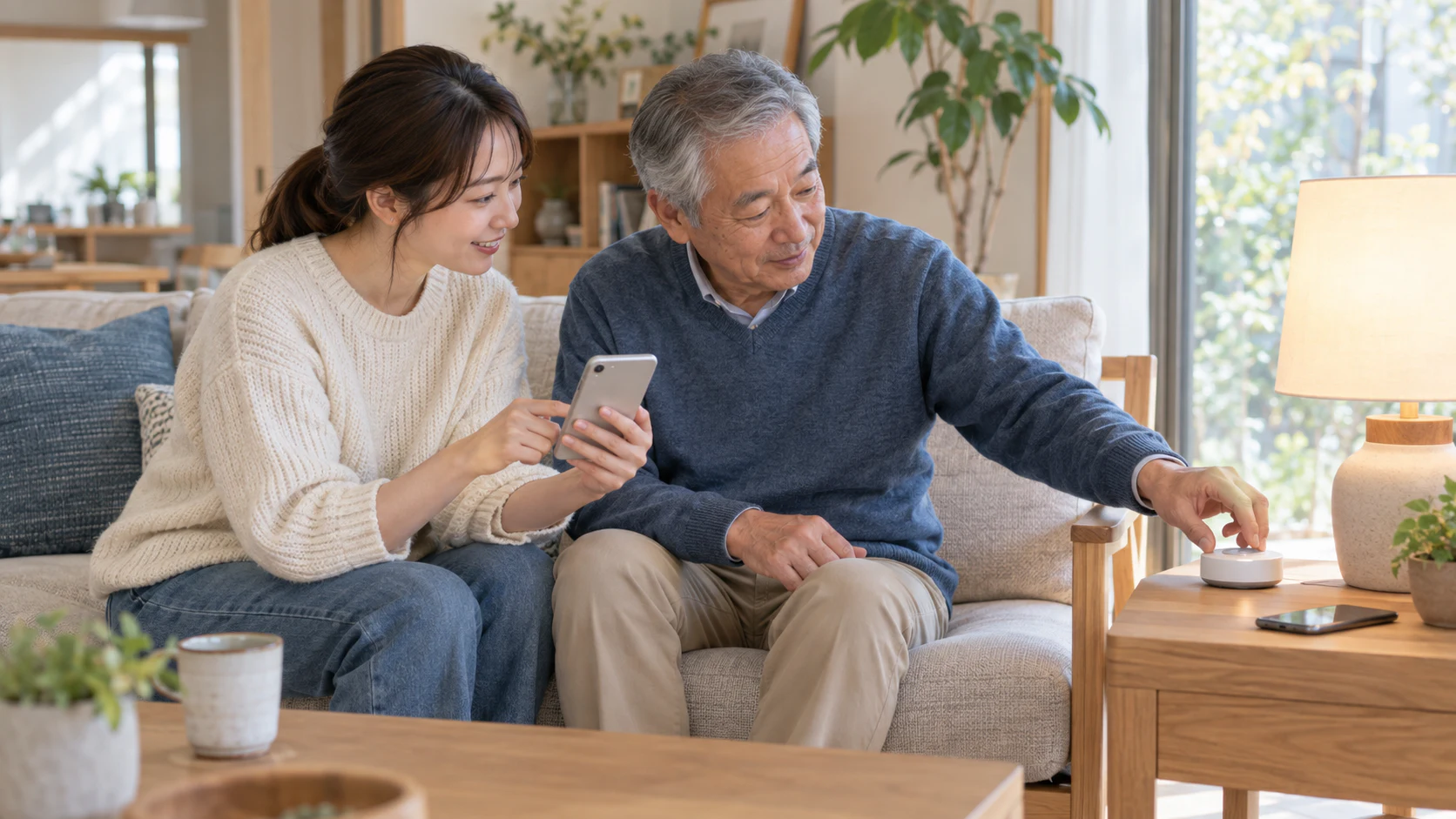 家族がスマートホームの使い方を相談しながら簡単な操作を試す場面