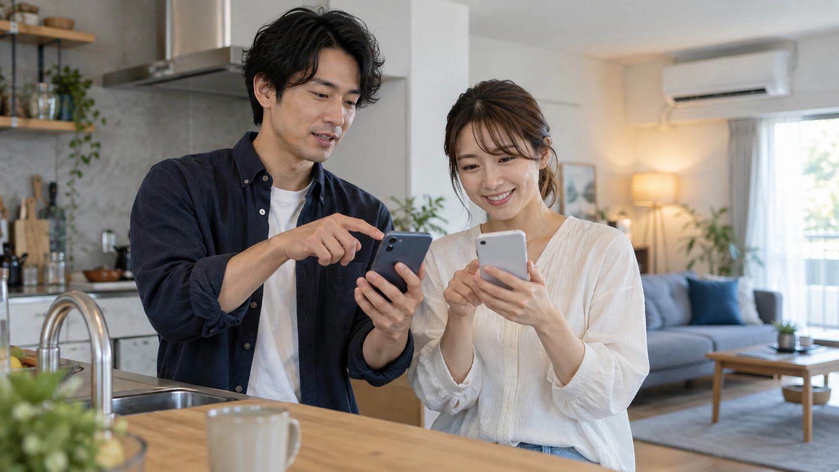 二人が別々のスマートフォンで家の操作と設定を分担する様子