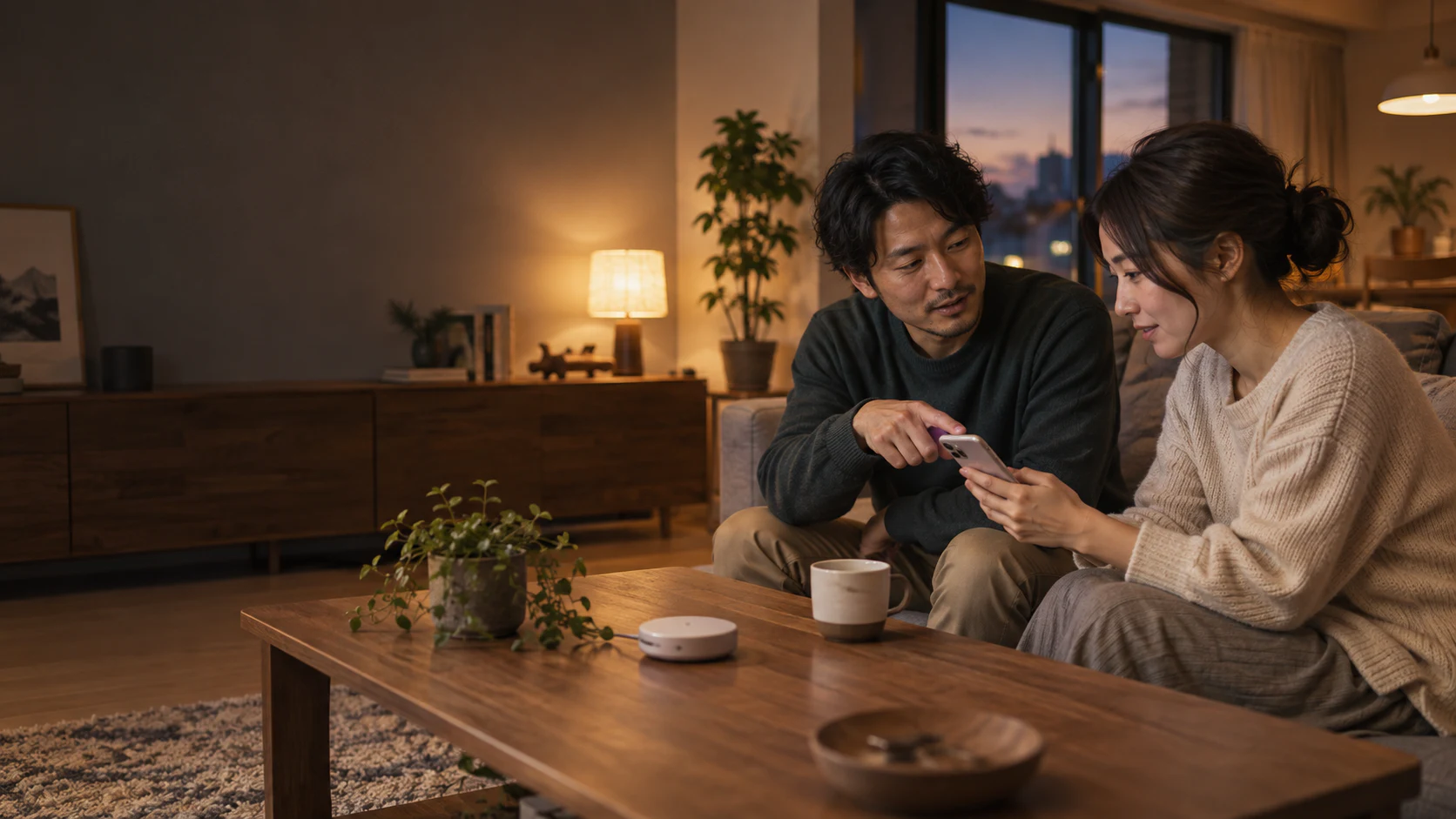 家族がスマートホームの自動化設定を引き継ぐリビングの様子