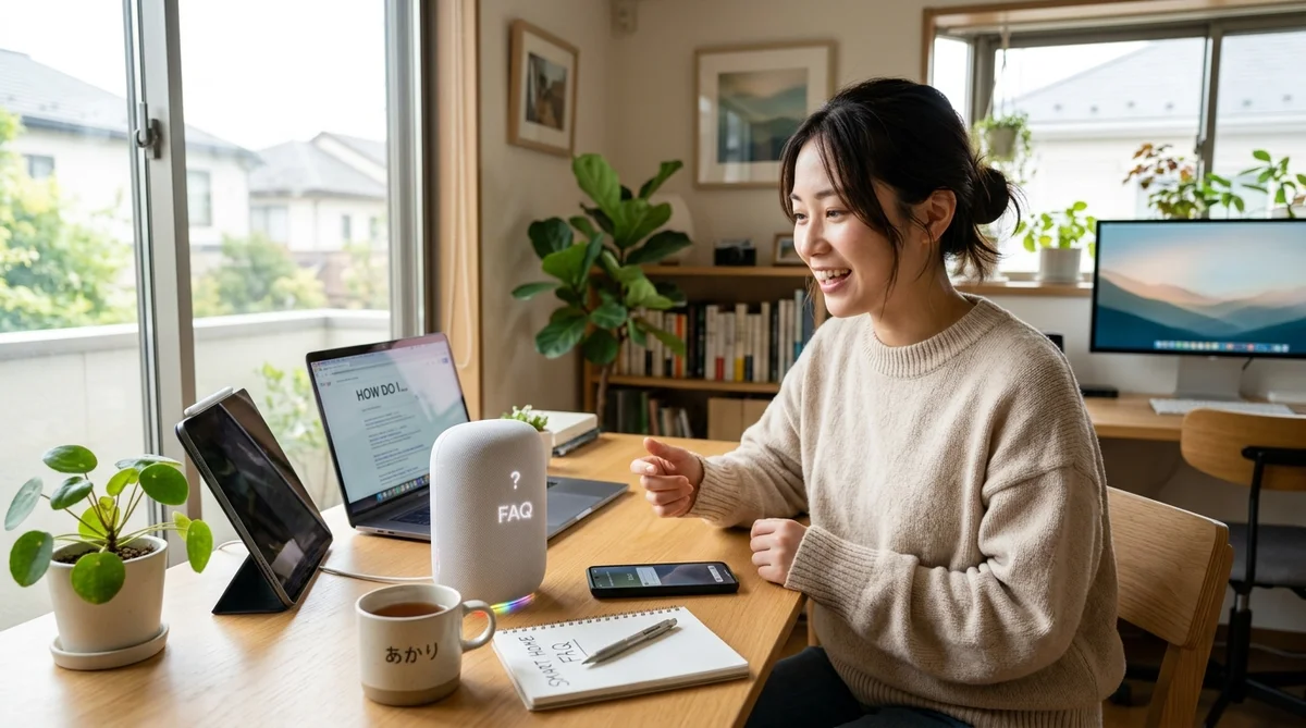 スマートスピーカーに話しかけて質問している様子