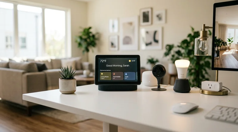 2026年スマートホームハブおすすめ比較。スマートホームデバイスを束ねるハブと複数の接続デバイスをイメージしたスマートホーム俯瞰写真
