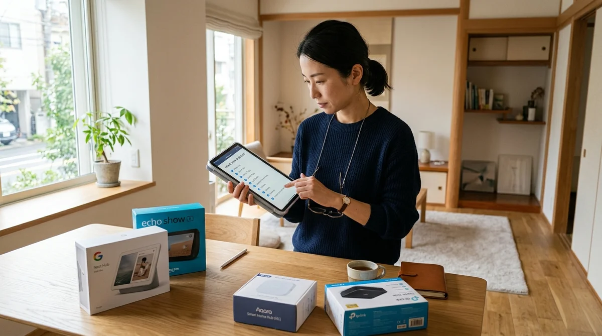 タブレットでチェックリストを確認しながらスマートホームハブを選ぶ様子