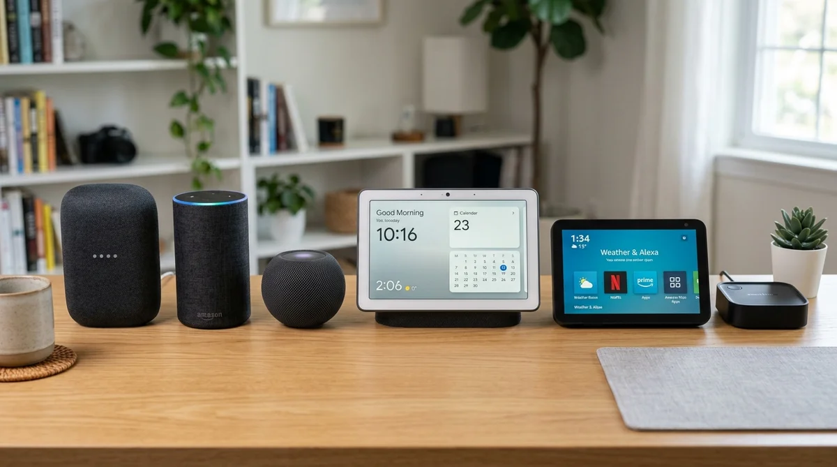 各ブランドのスマートホームハブをデスクに並べた比較写真
