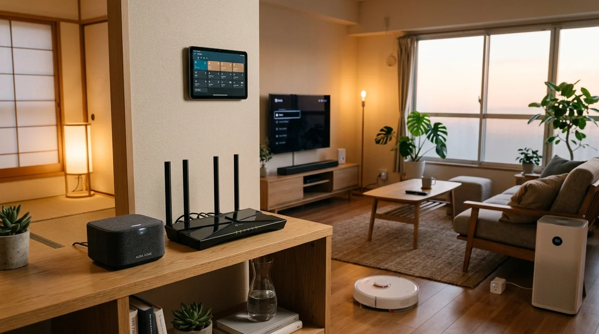 スマートホームハブがWi-Fiルーターの隣に設置された棚の様子