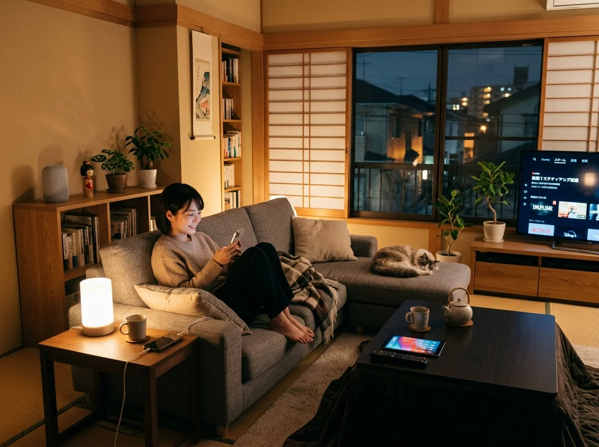 リビングでくつろぐ人とスマートホームデバイス