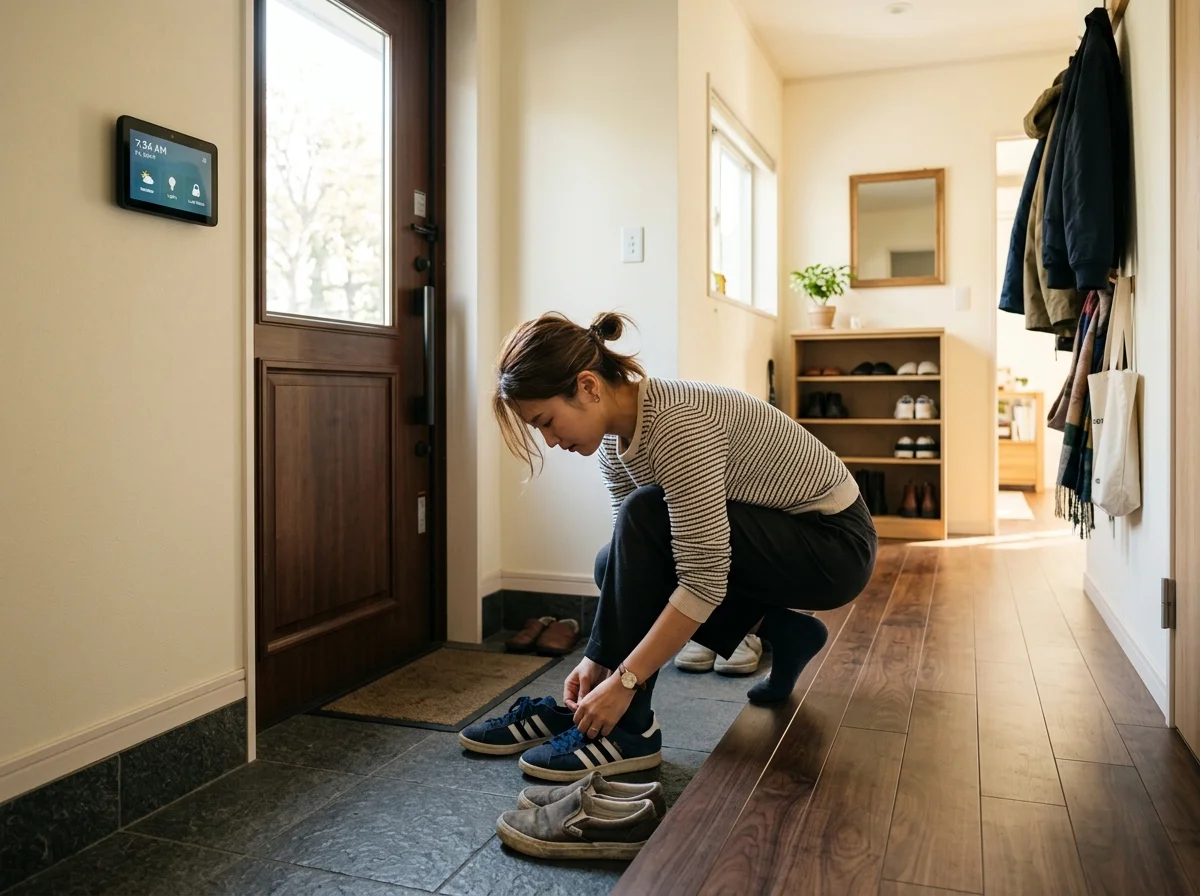 玄関で出発準備をする様子