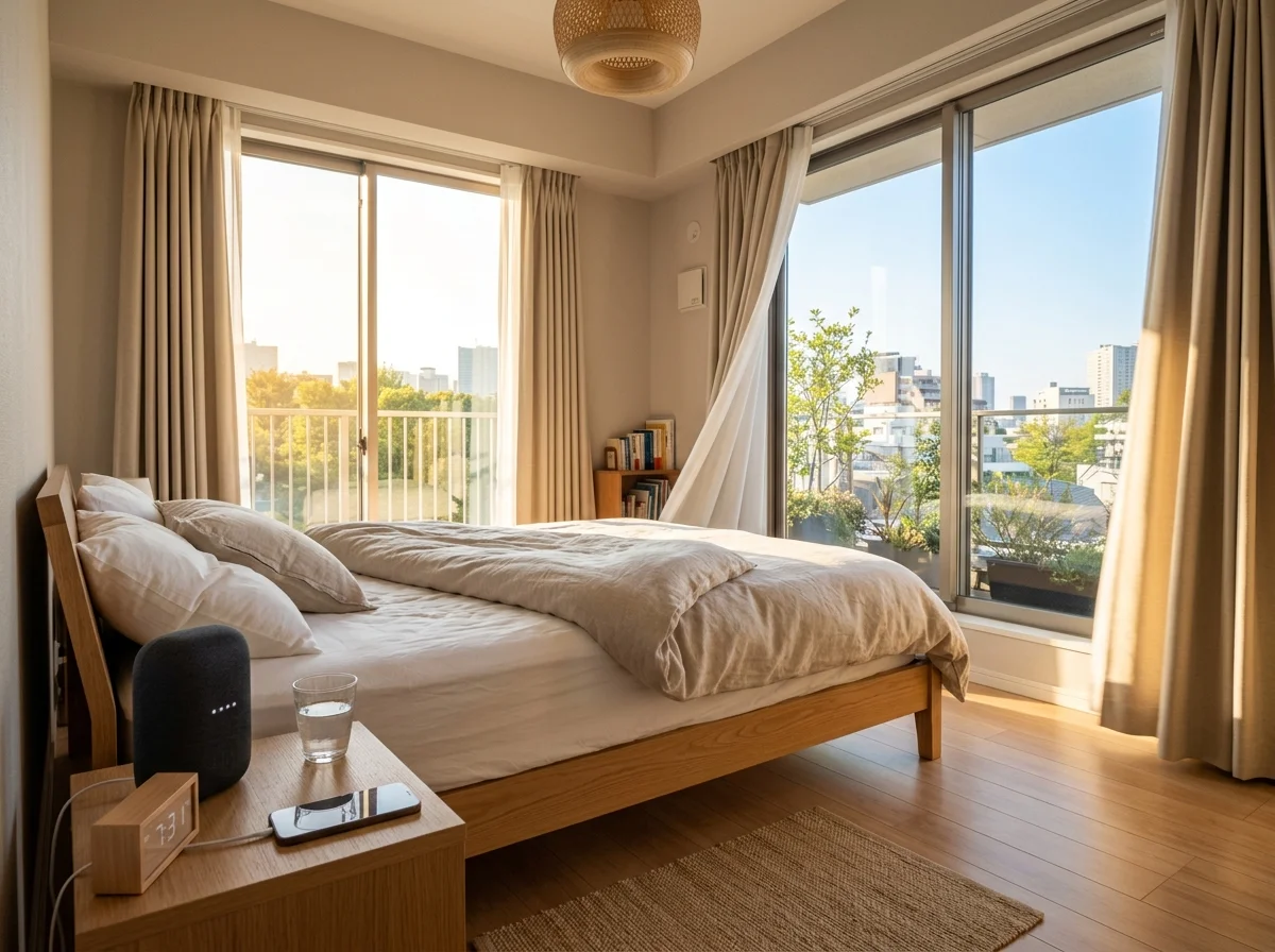 朝日が差し込む寝室のスマートカーテン