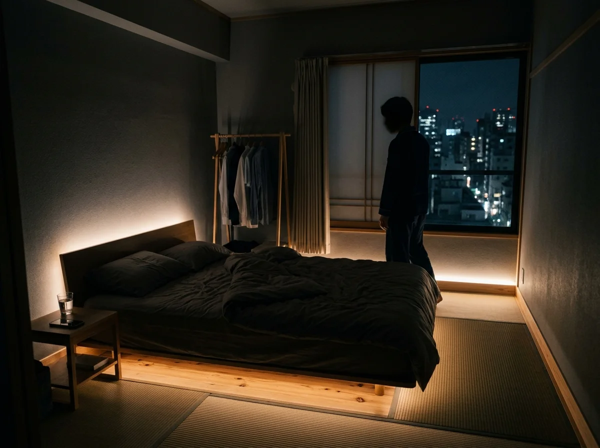 夜間の柔らかい照明が灯る寝室