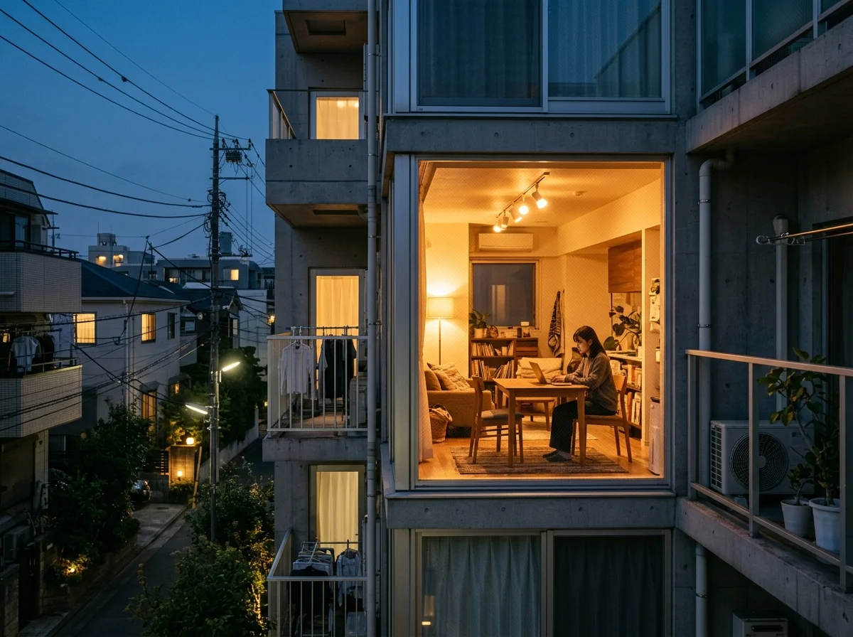 夕暮れの暖かい照明が灯る家