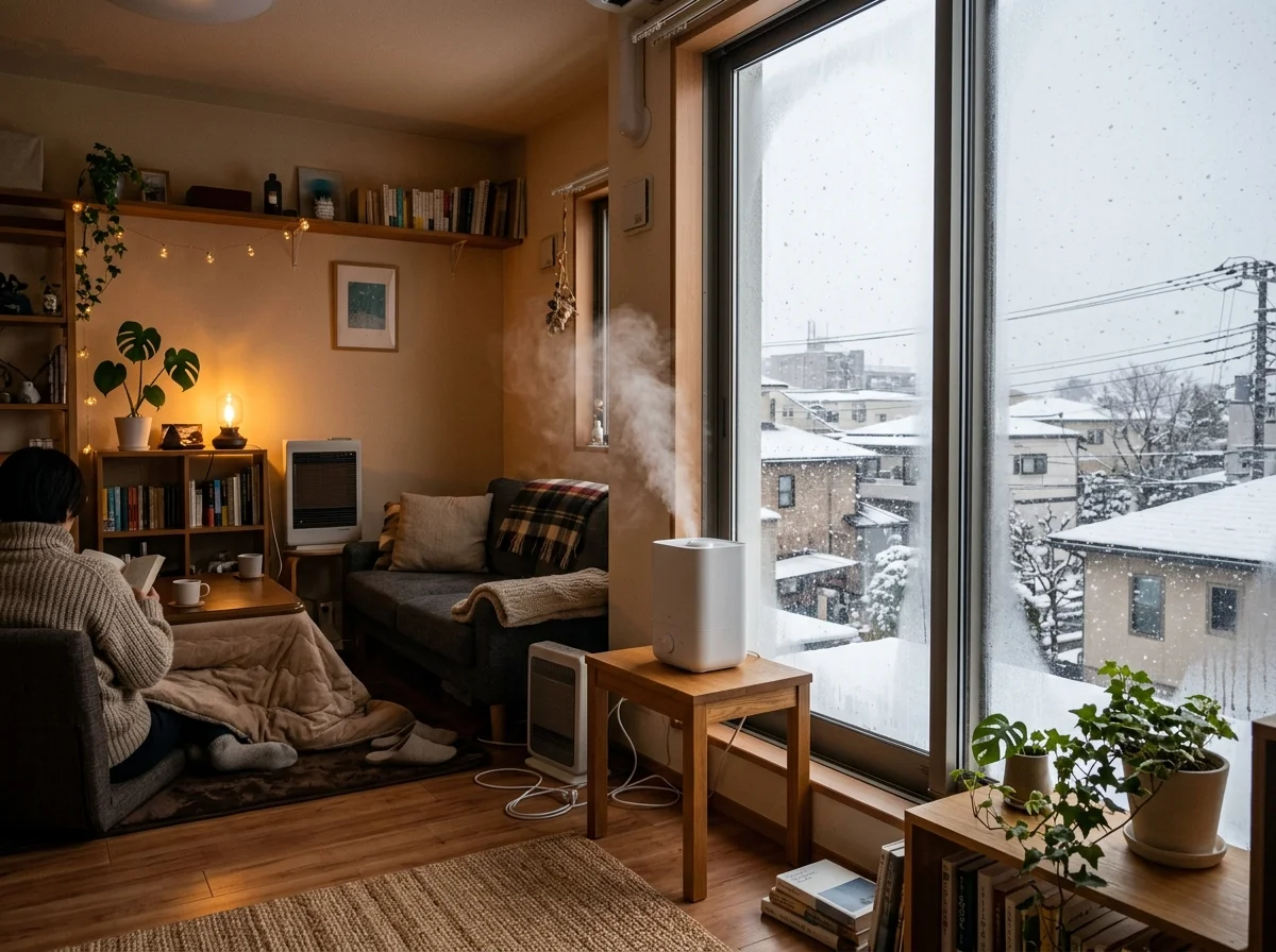 冬の加湿器が稼働するリビング