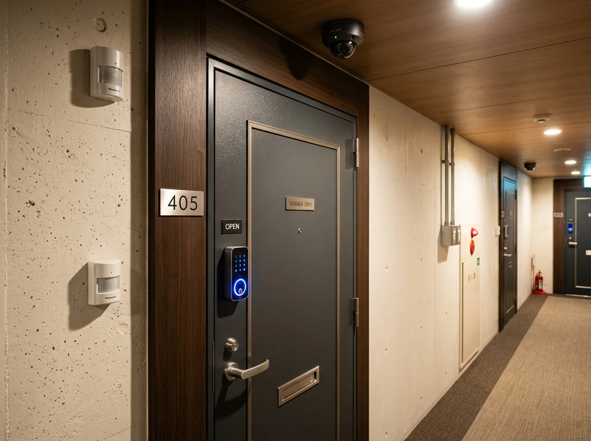 スマートロックと防犯カメラが設置された玄関