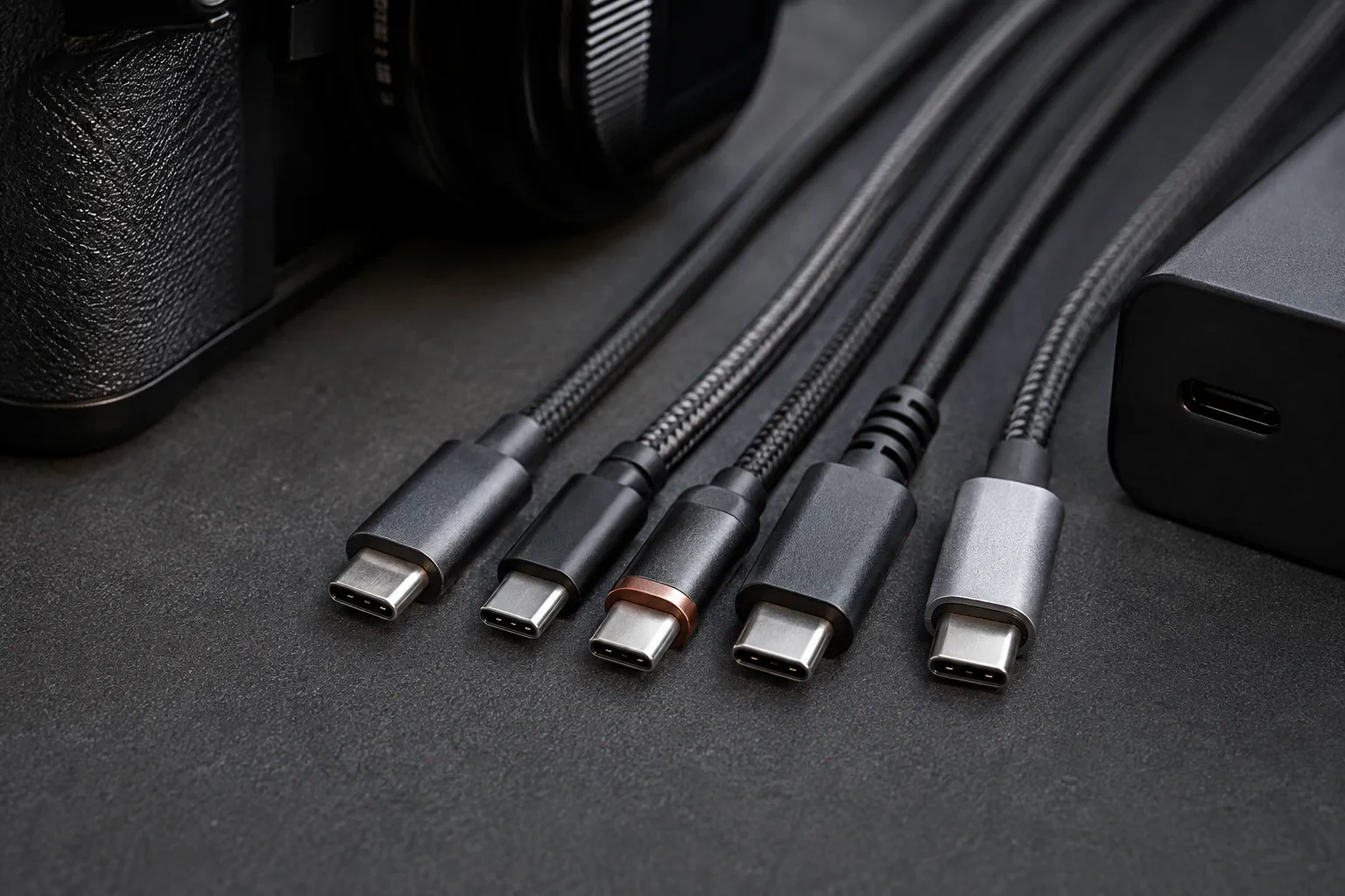 USB-C to USB-Cケーブルの端子と構造をカメラの横で確認する場面